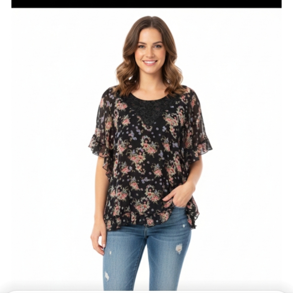 Bila Black Flutter Sleeve Bib Collar kimono sleeves Blouse